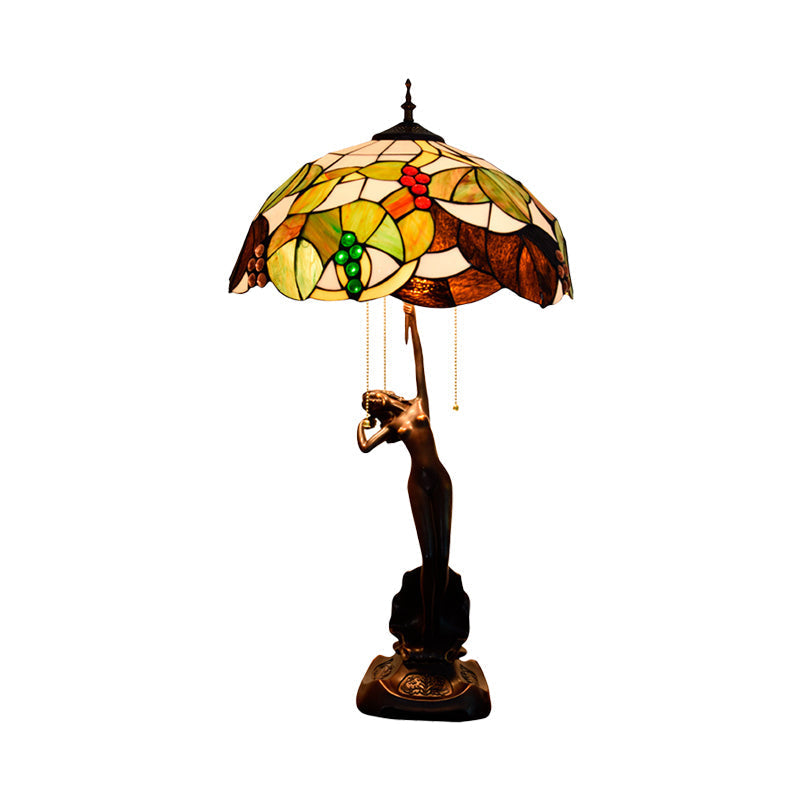 Tiffany Stained Art Glass Coffee Table Lamp With Grapes Design And Pull Chain