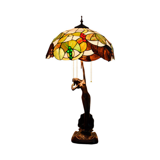 Tiffany Stained Art Glass Coffee Table Lamp With Grapes Design And Pull Chain