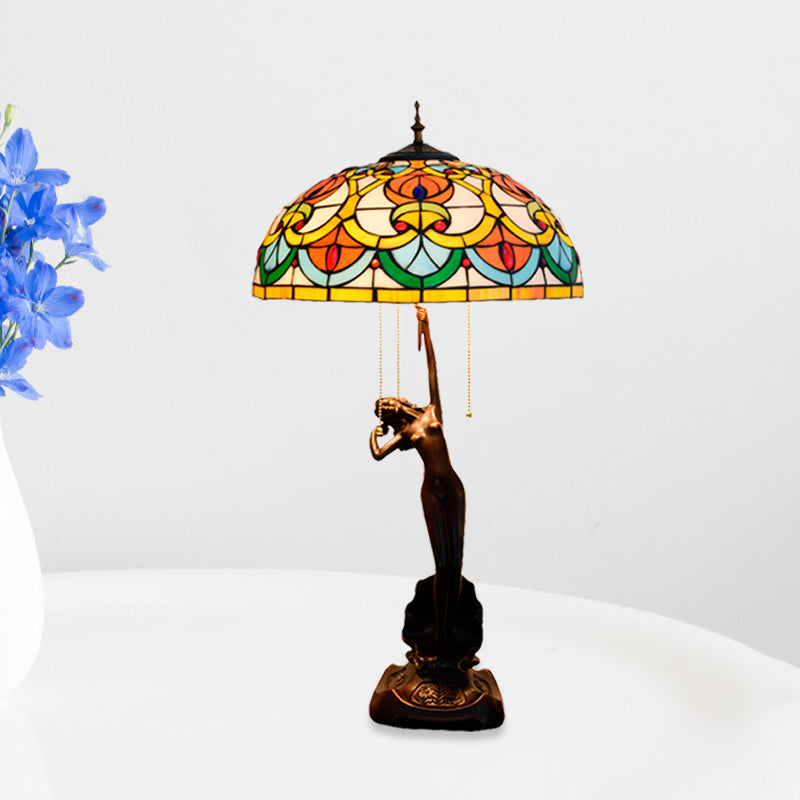 Victorian Style Glass Bowl Night Light In Orange/Yellow With Pull Chain And Girl Base - Black Table