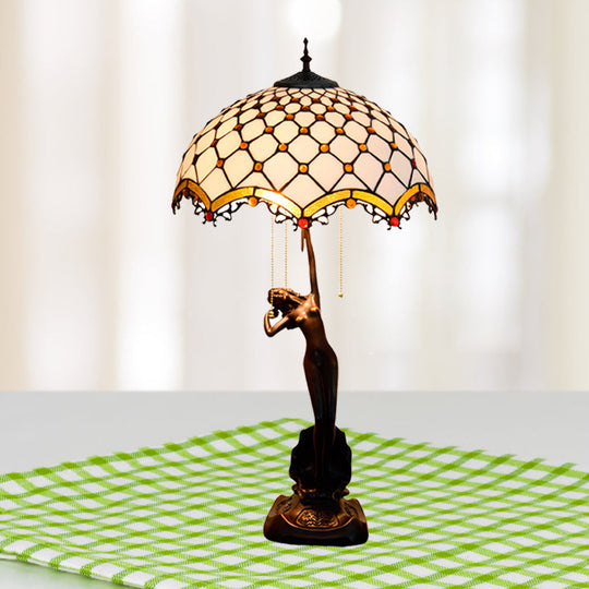 3-Light Tiffany Table Lamp With Resin Coffee Pull-Chain And Lady Statue Parrot Blue-Brown & Trellis