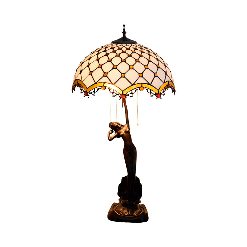 3-Light Tiffany Table Lamp With Resin Coffee Pull-Chain And Lady Statue Parrot Blue-Brown & Trellis