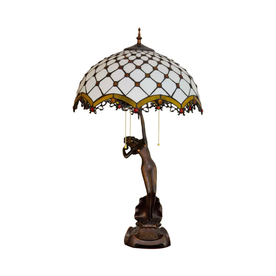 3-Light Tiffany Table Lamp With Resin Coffee Pull-Chain And Lady Statue Parrot Blue-Brown & Trellis