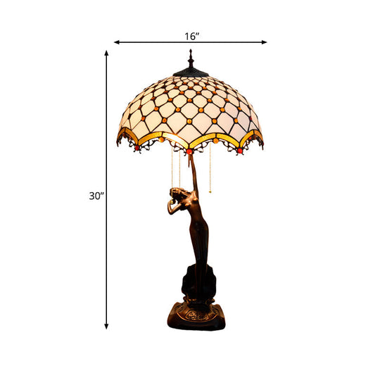 3-Light Tiffany Table Lamp With Resin Coffee Pull-Chain And Lady Statue Parrot Blue-Brown & Trellis