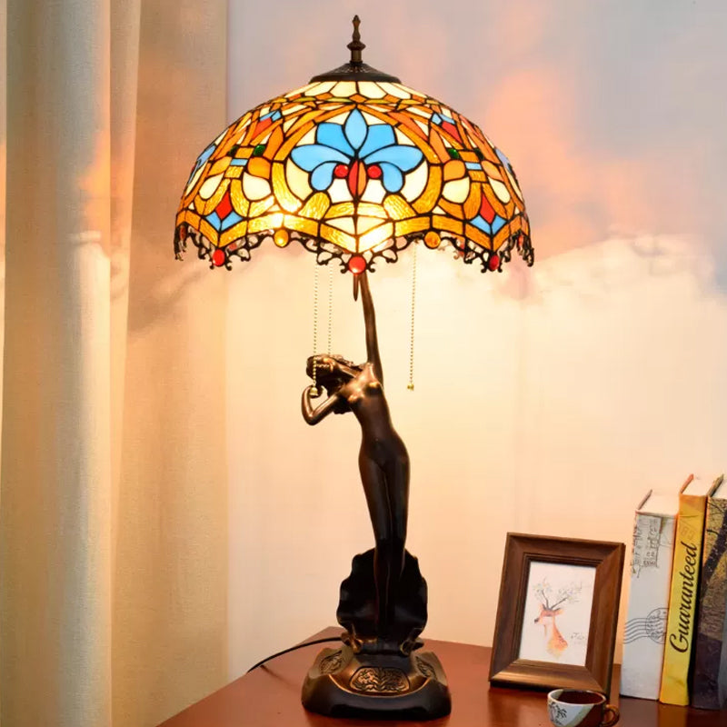 3-Light Tiffany Table Lamp With Resin Coffee Pull-Chain And Lady Statue Parrot Blue-Brown & Trellis