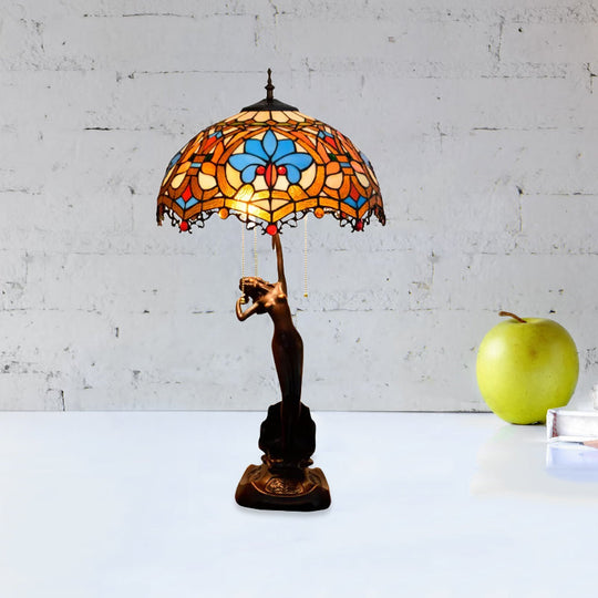 3-Light Tiffany Table Lamp With Resin Coffee Pull-Chain And Lady Statue Parrot Blue-Brown & Trellis