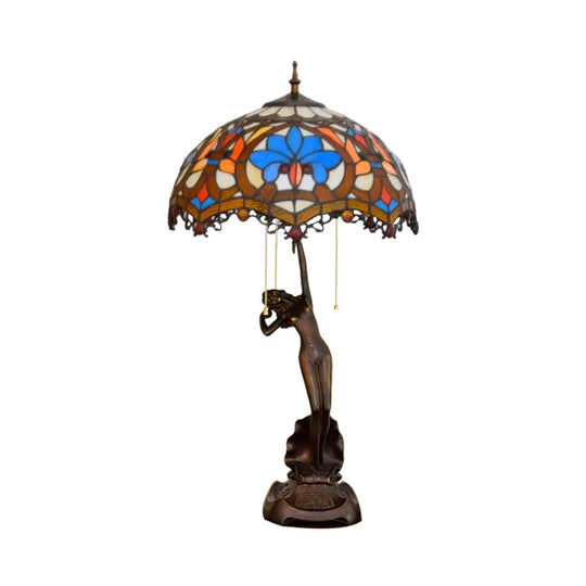 3-Light Tiffany Table Lamp With Resin Coffee Pull-Chain And Lady Statue Parrot Blue-Brown & Trellis