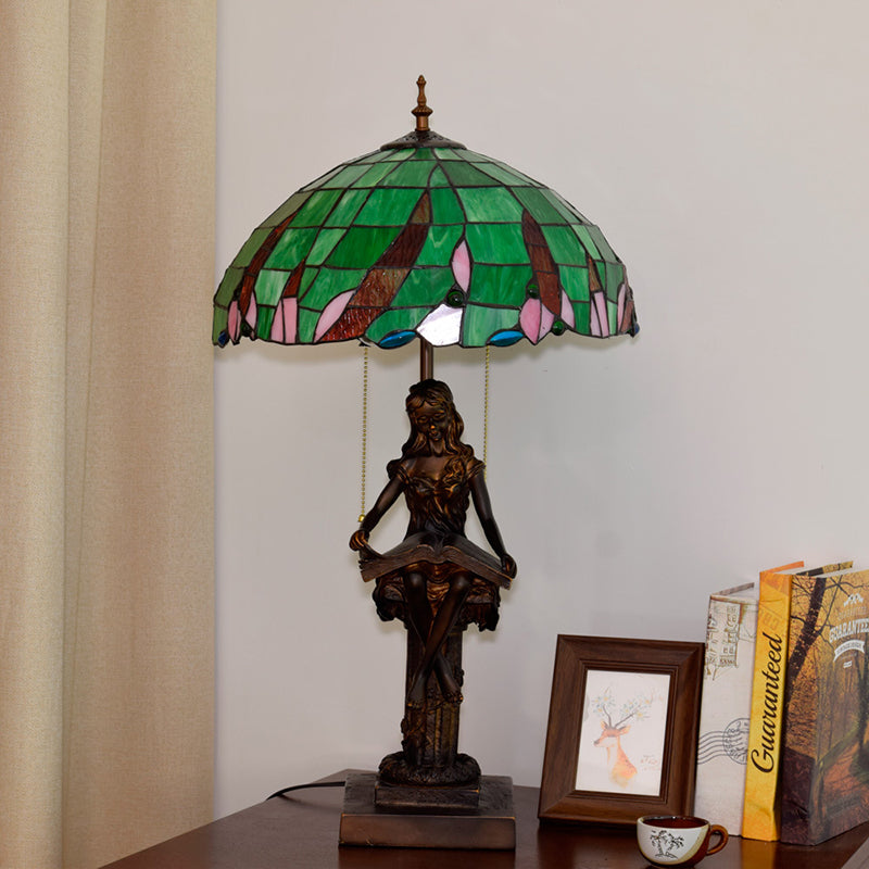 Tiffany Resin Table Lamp With 2 Heads Pull Chain And Green Glass Shade - Ideal For Nightstand Or