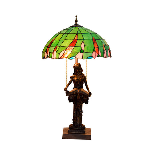 Tiffany Resin Table Lamp With 2 Heads Pull Chain And Green Glass Shade - Ideal For Nightstand Or