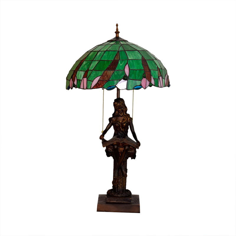 Tiffany Resin Table Lamp With 2 Heads Pull Chain And Green Glass Shade - Ideal For Nightstand Or