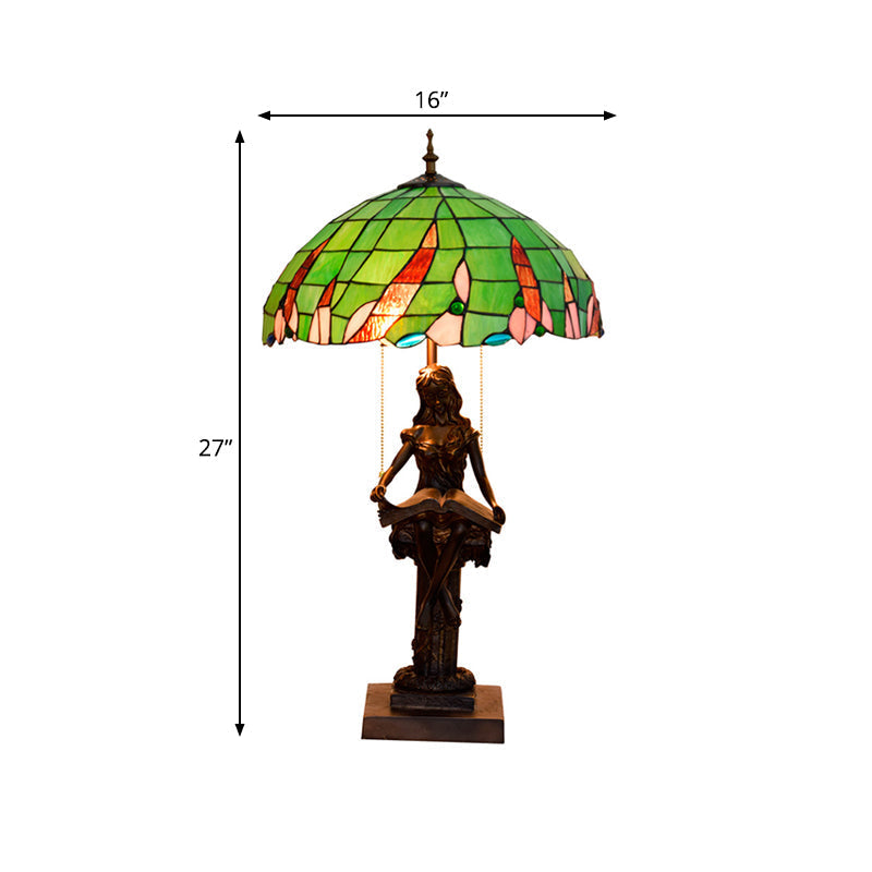 Tiffany Resin Table Lamp With 2 Heads Pull Chain And Green Glass Shade - Ideal For Nightstand Or