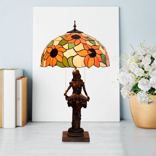 Girl Reading Book Table Lamp - Resin Pull-Chain Nightstand Light With Sunflower Red/Orange Glass