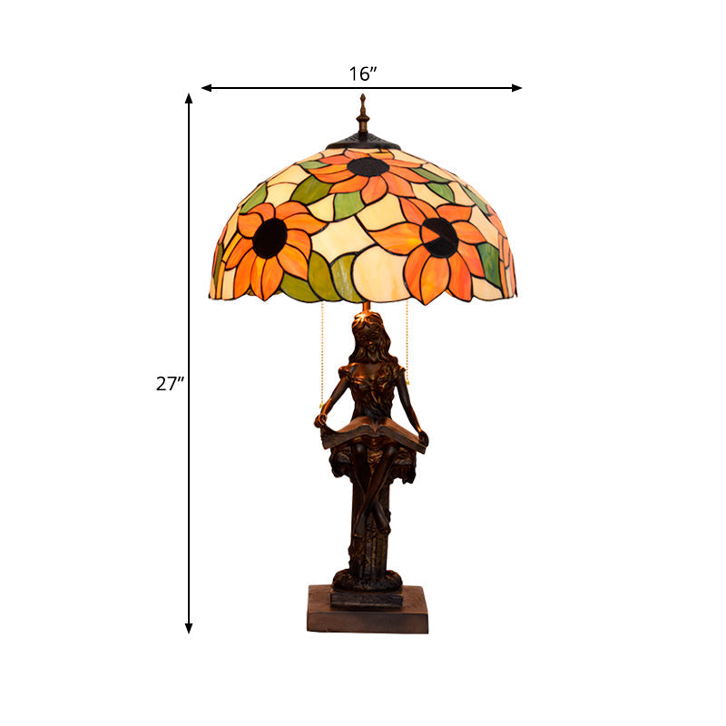 Girl Reading Book Table Lamp - Resin Pull-Chain Nightstand Light With Sunflower Red/Orange Glass