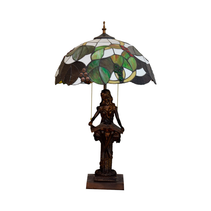 Tiffany Style Green Glass Grapevine Night Lamp With Pull Chain And Reading Girl Base