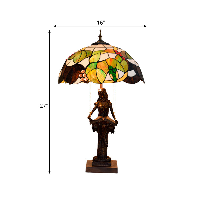 Tiffany Style Green Glass Grapevine Night Lamp With Pull Chain And Reading Girl Base