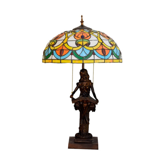 Tiffany Style Bedside Nightstand Lamp With Pull Chain And Stained Glass Shade - Orange/Yellow