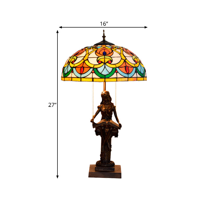 Tiffany Style Bedside Nightstand Lamp With Pull Chain And Stained Glass Shade - Orange/Yellow