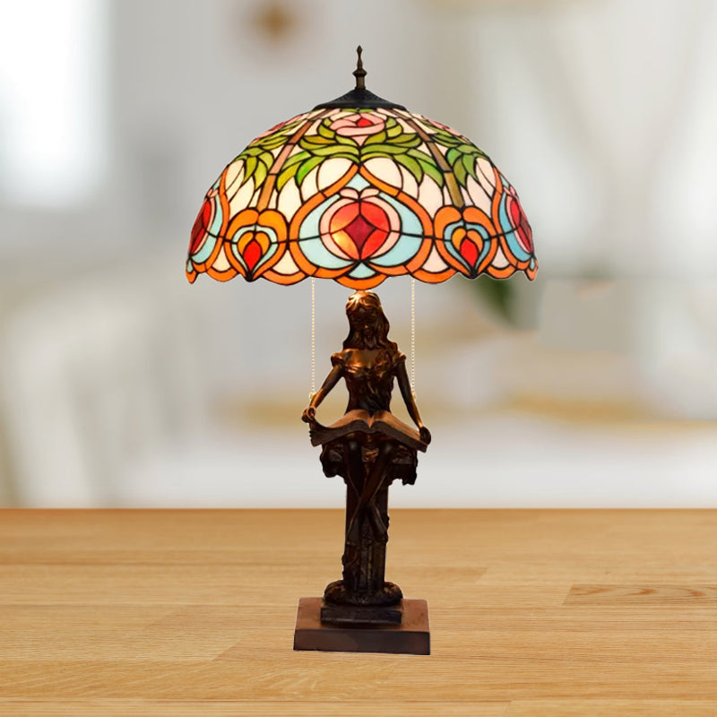 Tiffany Style Bedside Nightstand Lamp With Pull Chain And Stained Glass Shade - Orange/Yellow