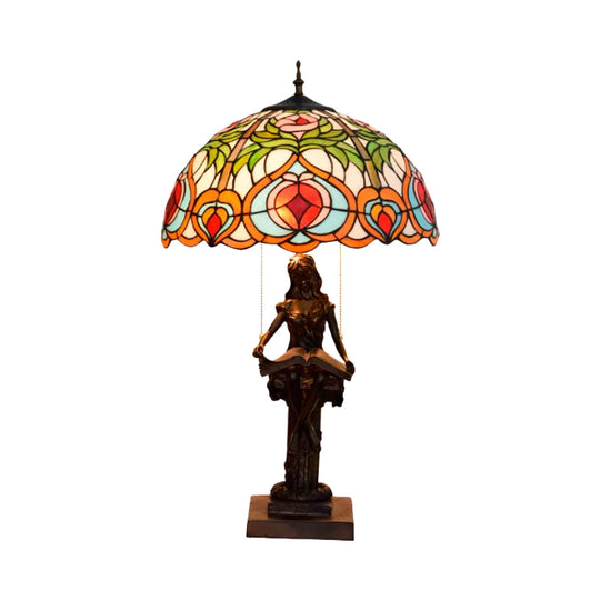 Tiffany Style Bedside Nightstand Lamp With Pull Chain And Stained Glass Shade - Orange/Yellow