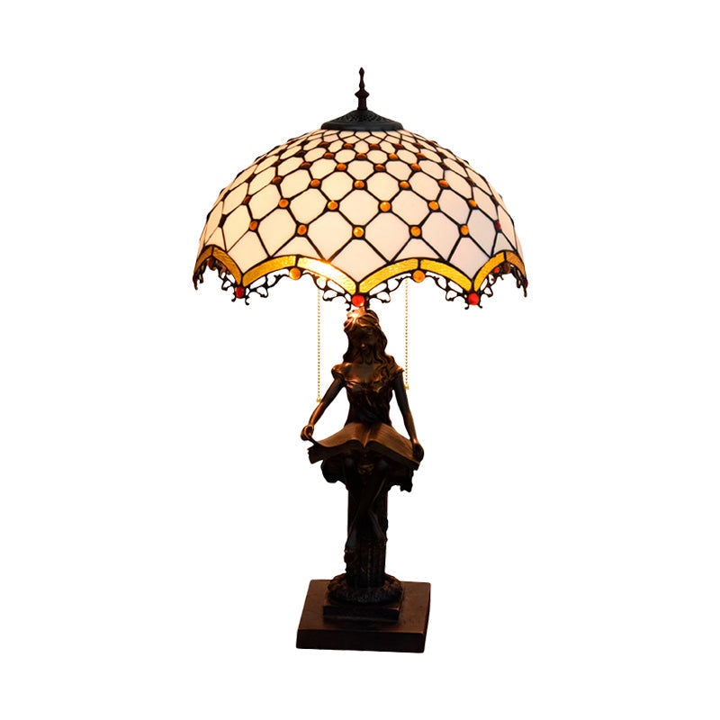 Tiffany Bronze 2-Light Reading Girl Table Lamp With Pull Chain Bird Blue-Brown Glass Shade