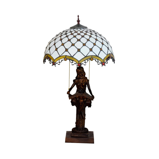 Tiffany Bronze 2-Light Reading Girl Table Lamp With Pull Chain Bird Blue-Brown Glass Shade