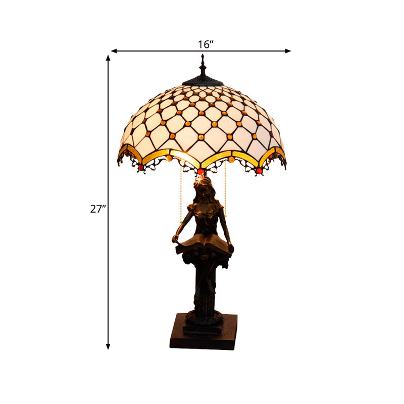 Tiffany Bronze 2-Light Reading Girl Table Lamp With Pull Chain Bird Blue-Brown Glass Shade