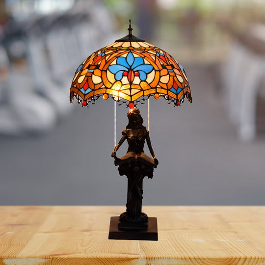 Tiffany Bronze 2-Light Reading Girl Table Lamp With Pull Chain Bird Blue-Brown Glass Shade