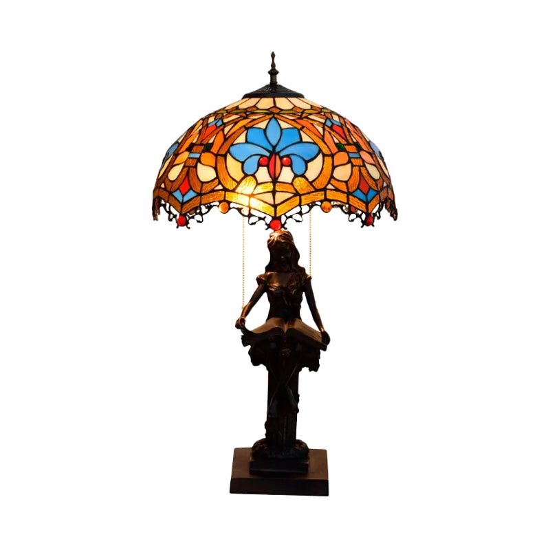 Tiffany Bronze 2-Light Reading Girl Table Lamp With Pull Chain Bird Blue-Brown Glass Shade