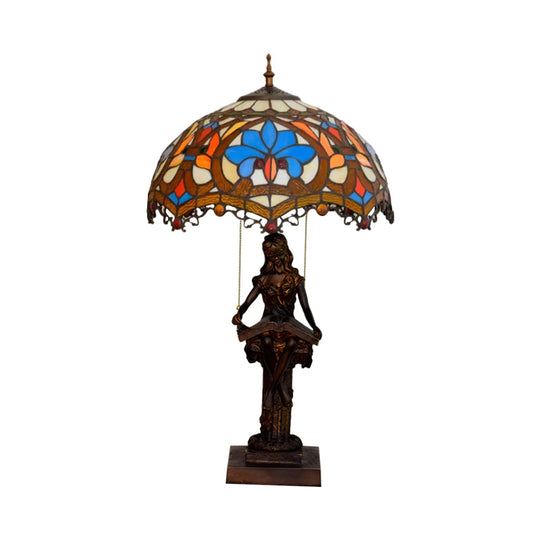 Tiffany Bronze 2-Light Reading Girl Table Lamp With Pull Chain Bird Blue-Brown Glass Shade