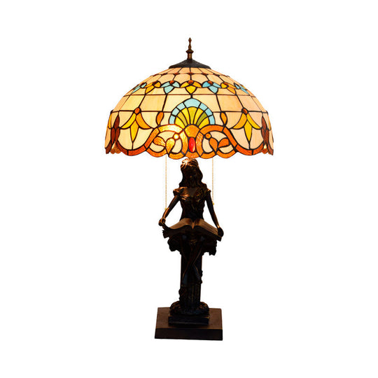 Tiffany-Style Study Table Lamp With Pull-Chain 2 Bulbs And Beautiful Glass Shade