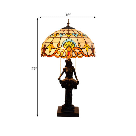 Tiffany-Style Study Table Lamp With Pull-Chain 2 Bulbs And Beautiful Glass Shade