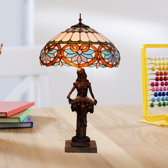 Tiffany-Style Study Table Lamp With Pull-Chain 2 Bulbs And Beautiful Glass Shade Blue-Brown