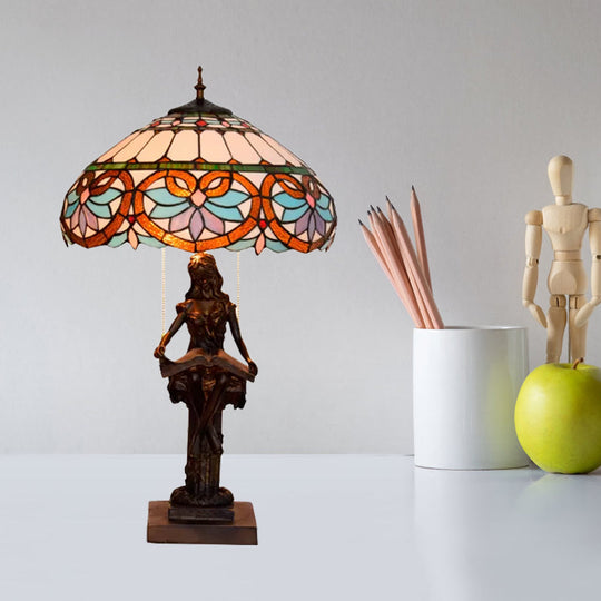 Isla - Girl Studying Tiffany-Style Table Light: 2-Bulb Resin Night Lamp with