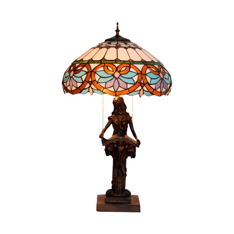 Tiffany-Style Study Table Lamp With Pull-Chain 2 Bulbs And Beautiful Glass Shade