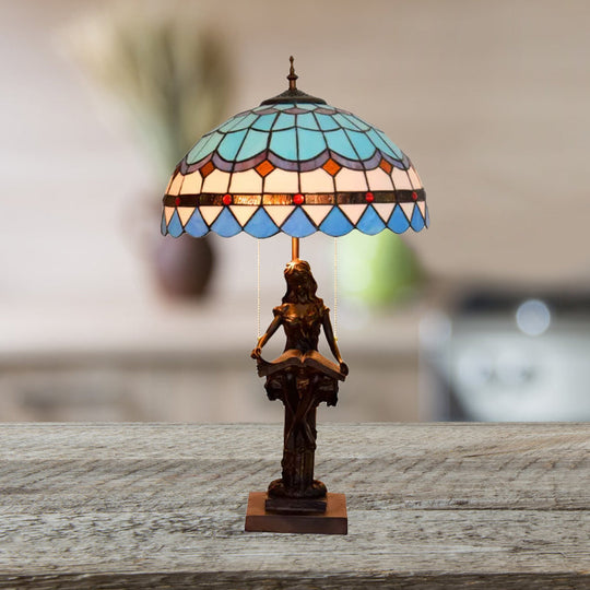 Tiffany-Style Study Table Lamp With Pull-Chain 2 Bulbs And Beautiful Glass Shade Blue-White