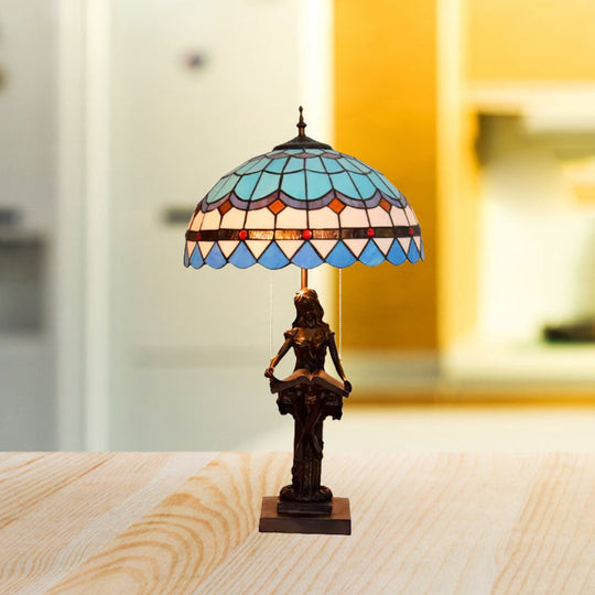 Isla - Girl Studying Tiffany-Style Table Light: 2-Bulb Resin Night Lamp with