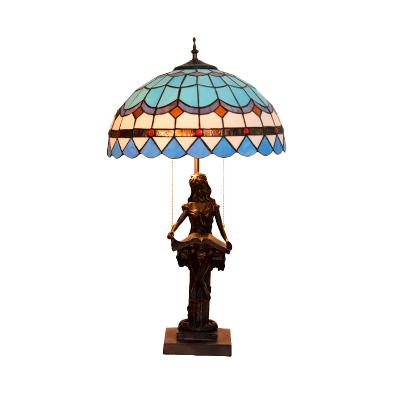 Tiffany-Style Study Table Lamp With Pull-Chain 2 Bulbs And Beautiful Glass Shade