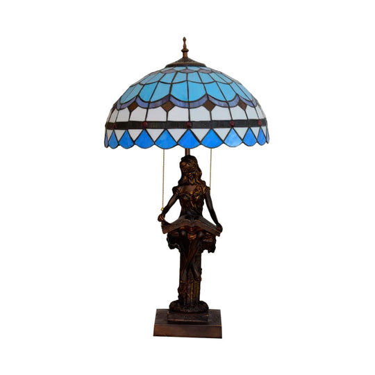 Tiffany-Style Study Table Lamp With Pull-Chain 2 Bulbs And Beautiful Glass Shade