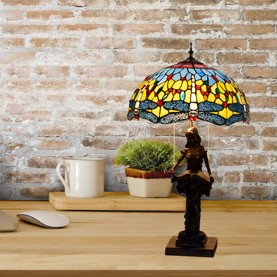 Dragonfly-Edge Night Light Tiffany Table Lamp - 2-Head Yellow/Orange/Green Cut Glass With Pull Chain