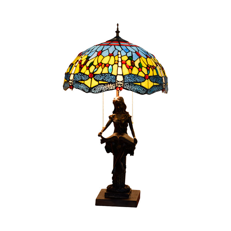 Dragonfly-Edge Night Light Tiffany Table Lamp - 2-Head Yellow/Orange/Green Cut Glass With Pull Chain