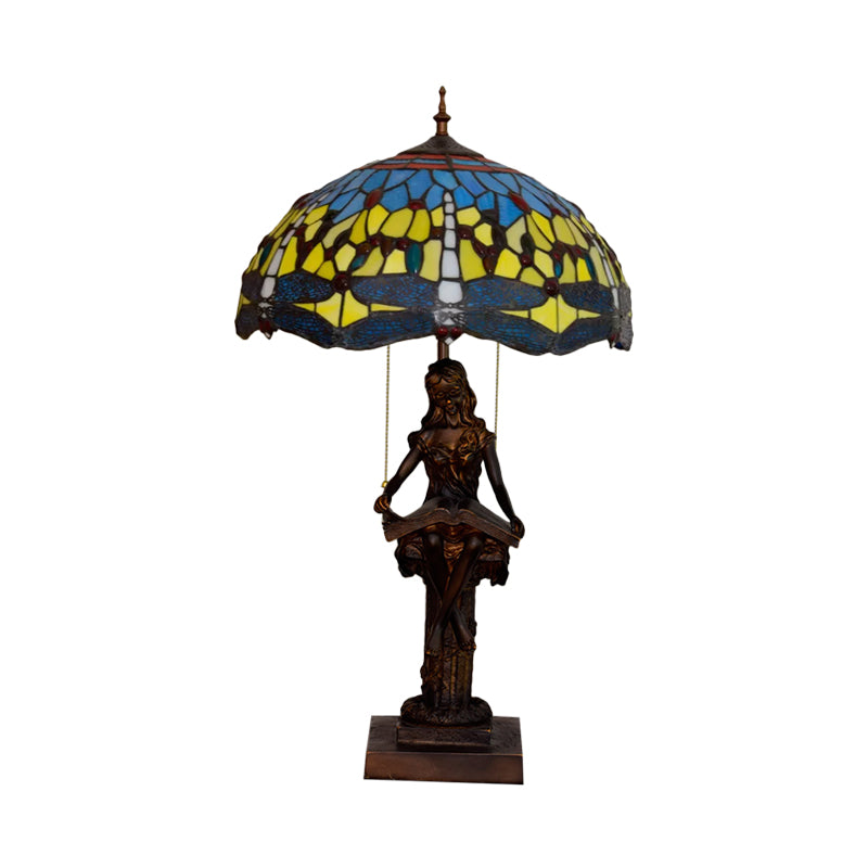 Dragonfly-Edge Night Light Tiffany Table Lamp - 2-Head Yellow/Orange/Green Cut Glass With Pull Chain