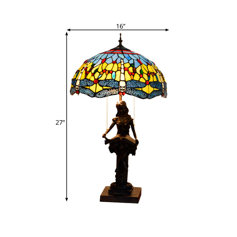 Dragonfly-Edge Night Light Tiffany Table Lamp - 2-Head Yellow/Orange/Green Cut Glass With Pull Chain