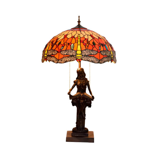 Dragonfly-Edge Night Light Tiffany Table Lamp - 2-Head Yellow/Orange/Green Cut Glass With Pull Chain