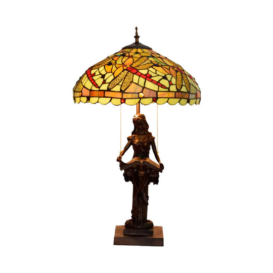 Dragonfly-Edge Night Light Tiffany Table Lamp - 2-Head Yellow/Orange/Green Cut Glass With Pull Chain