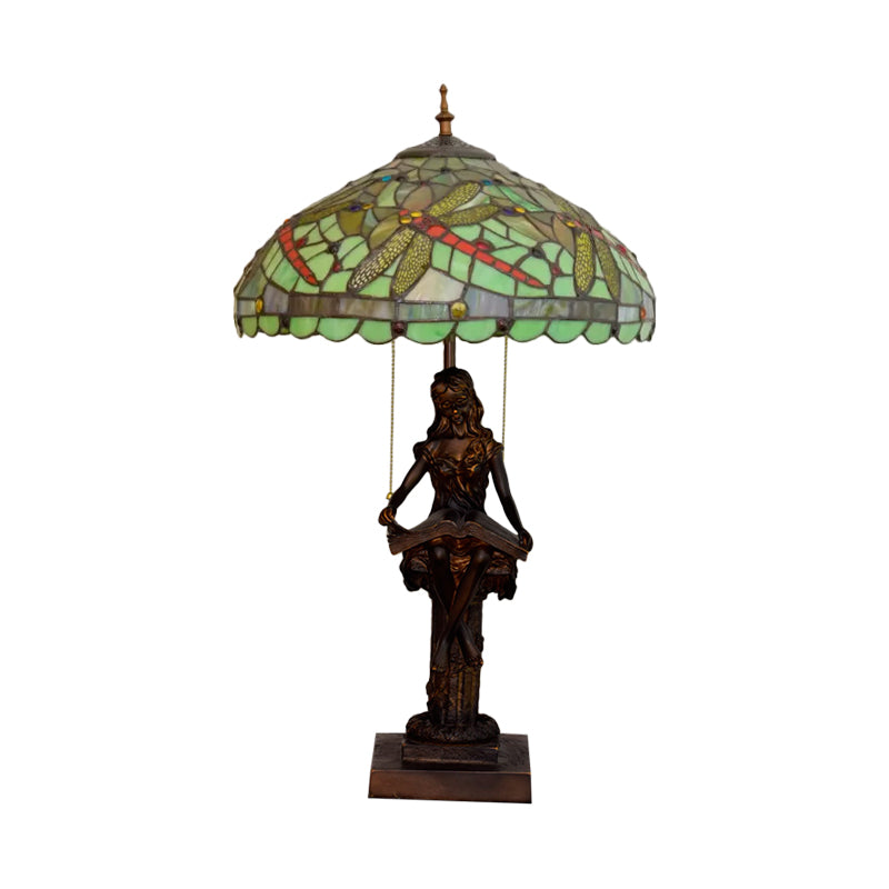 Dragonfly-Edge Night Light Tiffany Table Lamp - 2-Head Yellow/Orange/Green Cut Glass With Pull Chain