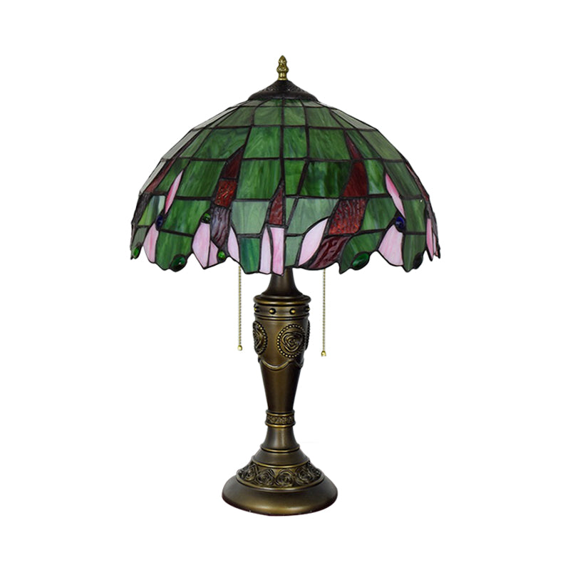 Tiffany Green Glass Leaf Patterned Bronze Table Lamp With Pull Chain - 2 Heads Nightstand Light