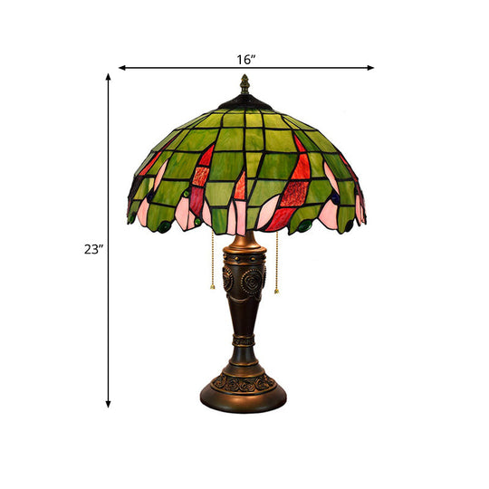 Tiffany Green Glass Leaf Patterned Bronze Table Lamp With Pull Chain - 2 Heads Nightstand Light