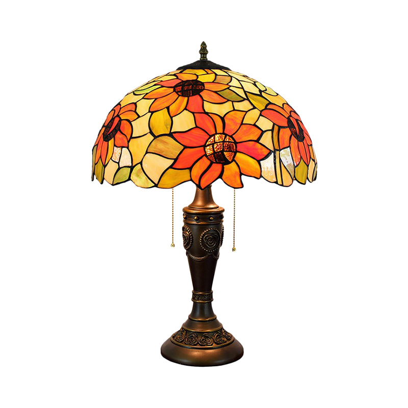 Red/Orange Glass Tiffany Night Lamp - 2 Lights Bronze Pull Chain Carved Base