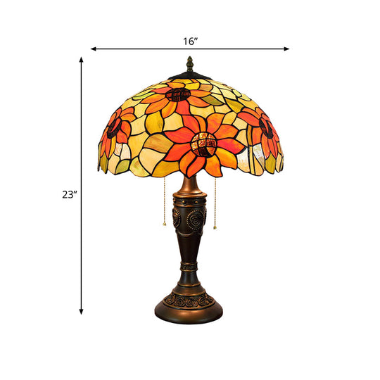 Red/Orange Glass Tiffany Night Lamp - 2 Lights Bronze Pull Chain Carved Base