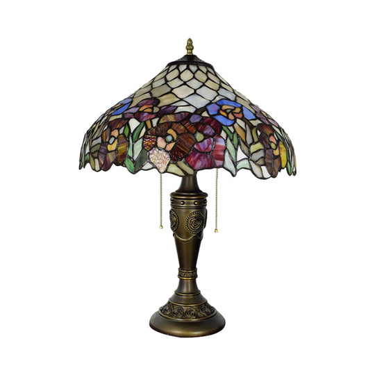 Grazia - Victorian Barn Shade Pull-Chain Night Light Victorian Stained Floral Glass 2-Bulb Bronze Table Lamp for Living Room