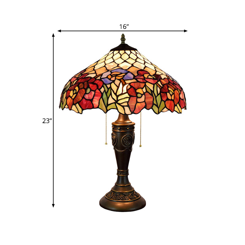 Grazia - Victorian Barn Shade Pull-Chain Night Light Victorian Stained Floral Glass 2-Bulb Bronze Table Lamp for Living Room